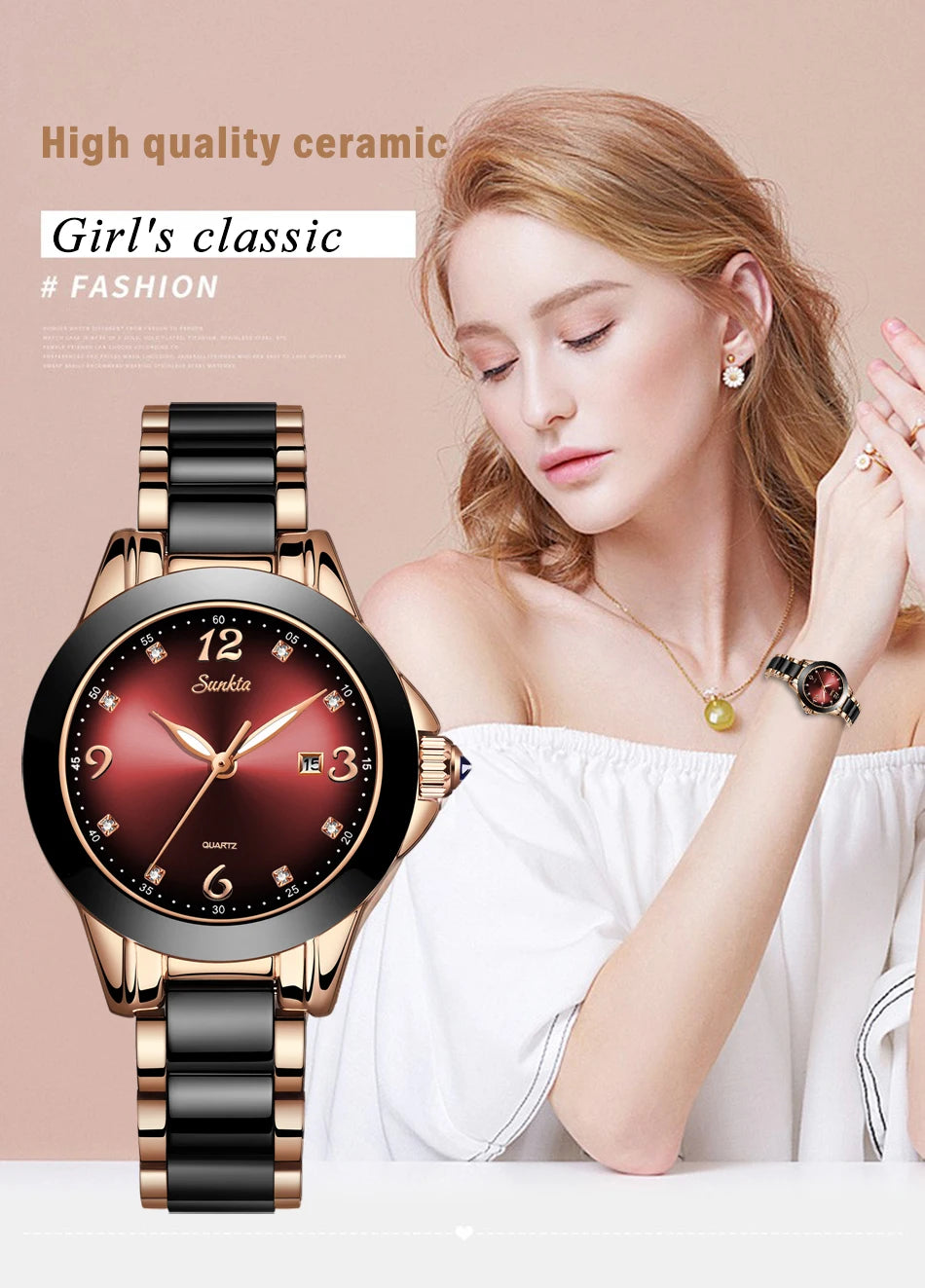 SUNKTA Fashion Elegant Woman Watch Diamond Simple Casual Ceramic Belt Women's Wristwatches Date Waterproof Luminous Female Clock