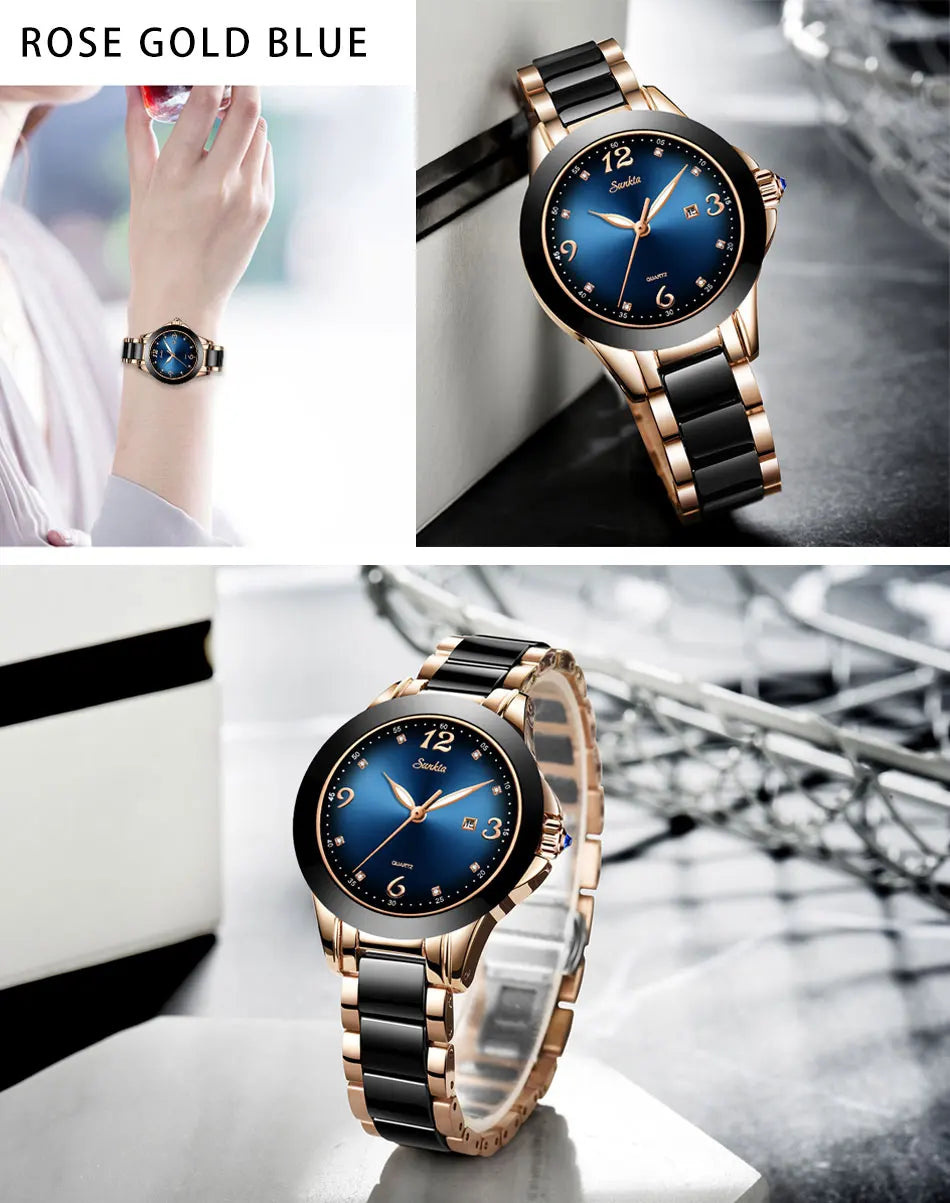 SUNKTA Fashion Elegant Woman Watch Diamond Simple Casual Ceramic Belt Women's Wristwatches Date Waterproof Luminous Female Clock