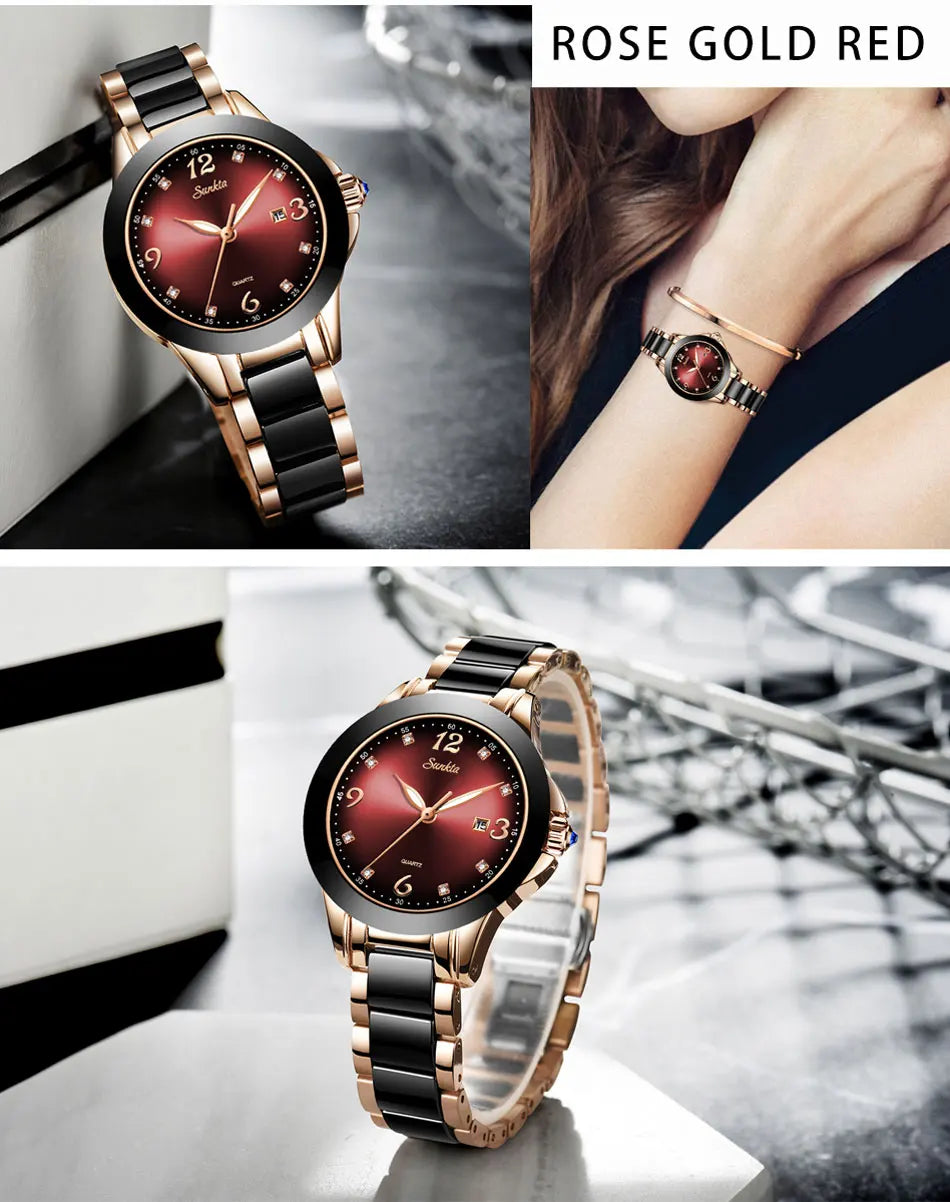 SUNKTA Fashion Elegant Woman Watch Diamond Simple Casual Ceramic Belt Women's Wristwatches Date Waterproof Luminous Female Clock