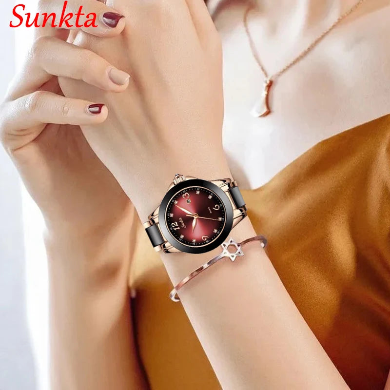 SUNKTA Top Brand Luxury Woman Watch Fashion Diamond Casual Ceramic Strap Bracelet Analog Women's Wristwatches Clocks Reloj Mujer