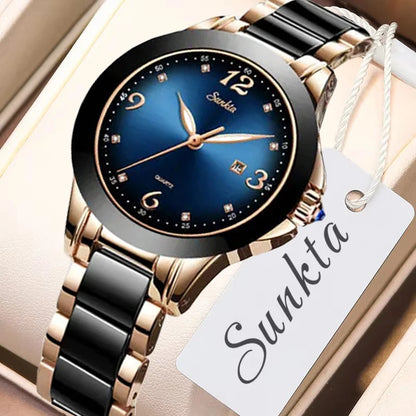 SUNKTA Fashion Elegant Woman Watch Diamond Simple Casual Ceramic Belt Women's Wristwatches Date Waterproof Luminous Female Clock