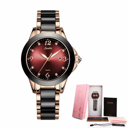 SUNKTA Fashion Elegant Woman Watch Diamond Simple Casual Ceramic Belt Women's Wristwatches Date Waterproof Luminous Female Clock