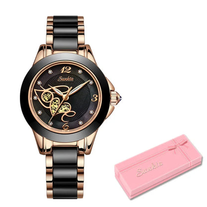 LIGE Brand SUNKTA Luxury Ladies Watch Black Ceramic Diamond Waterproof Quartz Watch for Women Wristwatch Clock Relogios Feminino