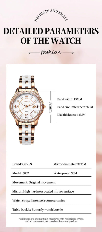 OLEVS Luxury Brand Watch for Women Ceramic Bracelet Waterproof Quartz Fashion Wristwatch Elegant Ladies Dress Gifts Reloj Mujer