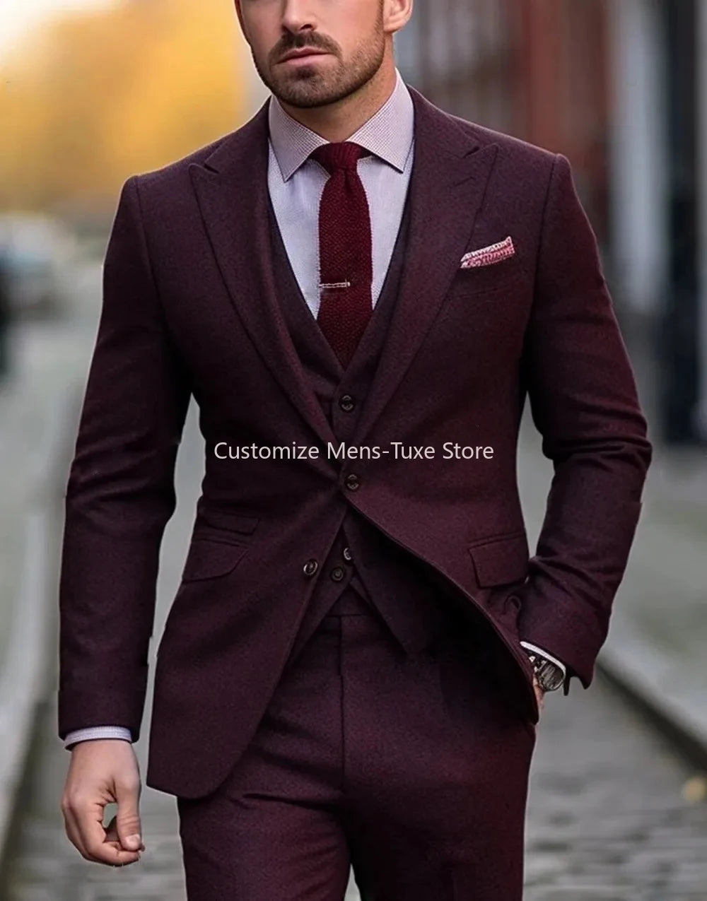 New Beige Suit Men Business Tuxedos Formal 3 Piece Set Jacket Vest Pants Single Breasted Groom Groomsman Prom Wedding Party