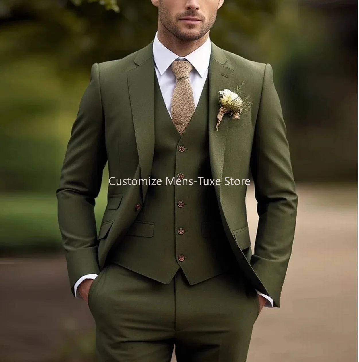 New Beige Suit Men Business Tuxedos Formal 3 Piece Set Jacket Vest Pants Single Breasted Groom Groomsman Prom Wedding Party