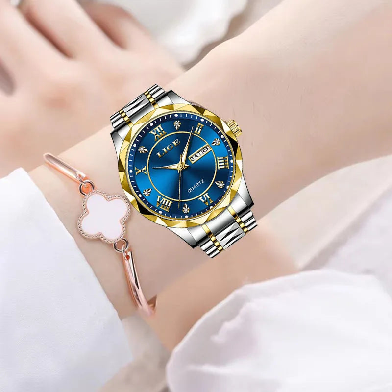 LIGE New Gold Watch Women Watches Ladies Creative Steel Women's Bracelet Watches Female Waterproof Clock Relogio Feminino+BOX