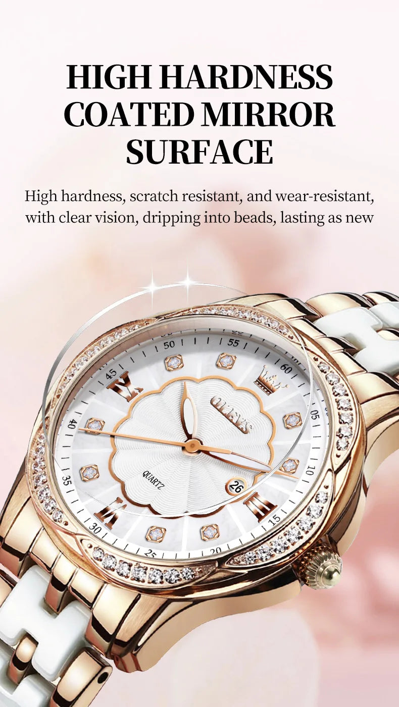 OLEVS Luxury Brand Watch for Women Ceramic Bracelet Waterproof Quartz Fashion Wristwatch Elegant Ladies Dress Gifts Reloj Mujer