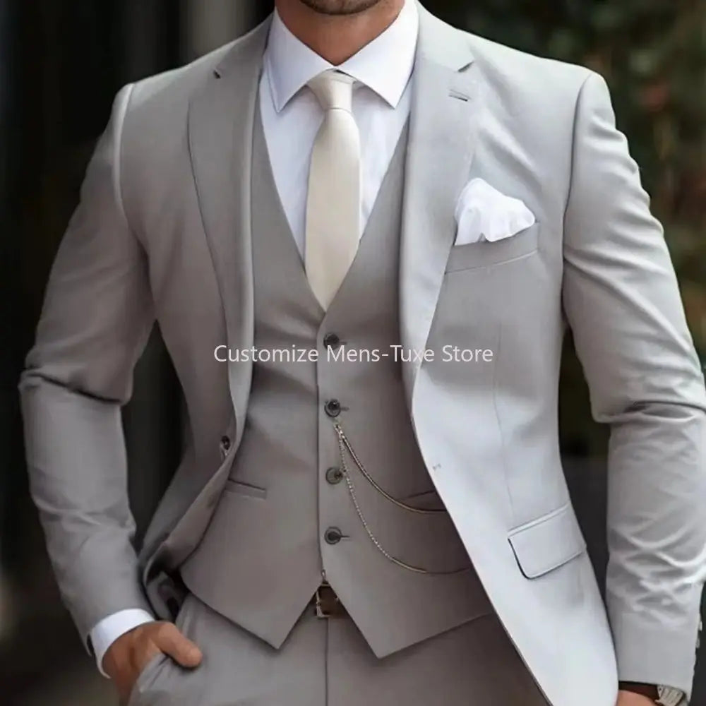 New Beige Suit Men Business Tuxedos Formal 3 Piece Set Jacket Vest Pants Single Breasted Groom Groomsman Prom Wedding Party