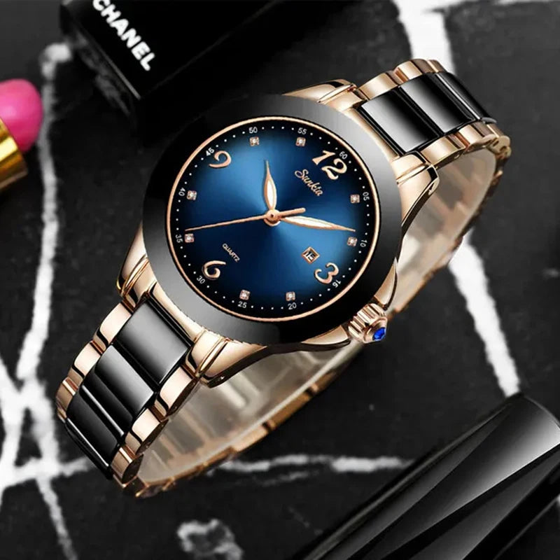 SUNKTA Fashion Elegant Woman Watch Diamond Simple Casual Ceramic Belt Women's Wristwatches Date Waterproof Luminous Female Clock