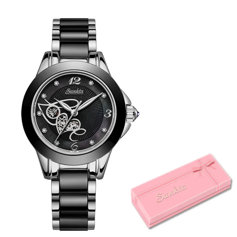 LIGE Brand SUNKTA Luxury Ladies Watch Black Ceramic Diamond Waterproof Quartz Watch for Women Wristwatch Clock Relogios Feminino