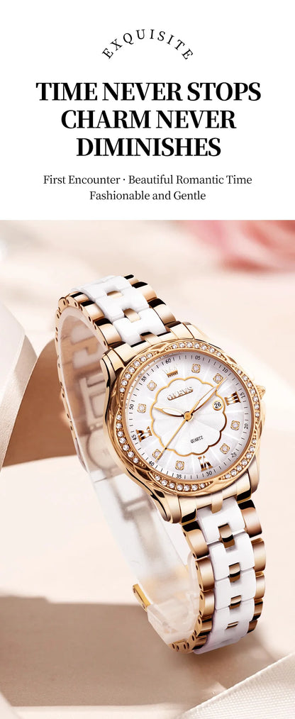 OLEVS Luxury Brand Watch for Women Ceramic Bracelet Waterproof Quartz Fashion Wristwatch Elegant Ladies Dress Gifts Reloj Mujer