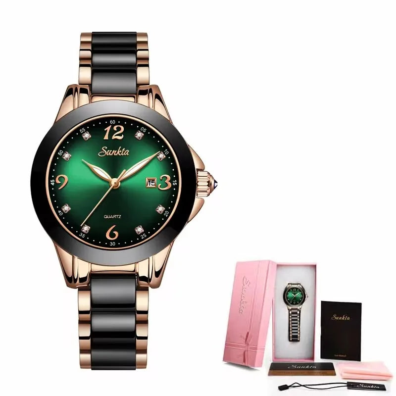 SUNKTA Top Brand Luxury Woman Watch Fashion Diamond Casual Ceramic Strap Bracelet Analog Women's Wristwatches Clocks Reloj Mujer