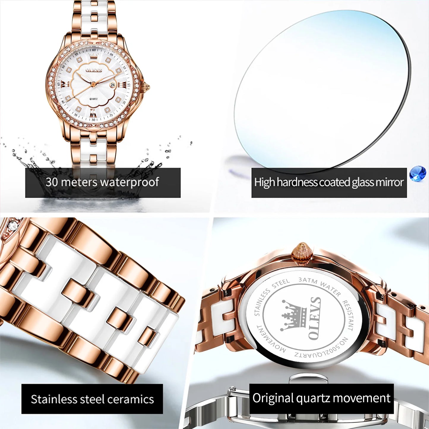 OLEVS Luxury Brand Watch for Women Ceramic Bracelet Waterproof Quartz Fashion Wristwatch Elegant Ladies Dress Gifts Reloj Mujer