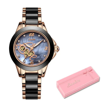 LIGE Brand SUNKTA Luxury Ladies Watch Black Ceramic Diamond Waterproof Quartz Watch for Women Wristwatch Clock Relogios Feminino