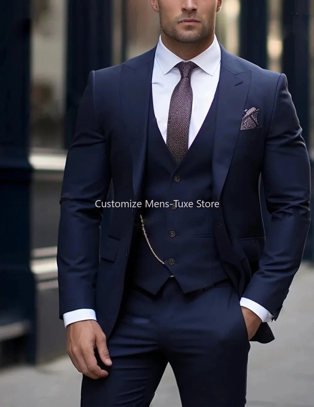 New Beige Suit Men Business Tuxedos Formal 3 Piece Set Jacket Vest Pants Single Breasted Groom Groomsman Prom Wedding Party