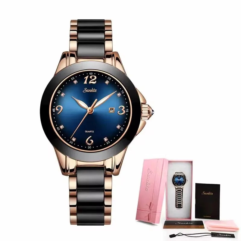 SUNKTA Top Brand Luxury Woman Watch Fashion Diamond Casual Ceramic Strap Bracelet Analog Women's Wristwatches Clocks Reloj Mujer