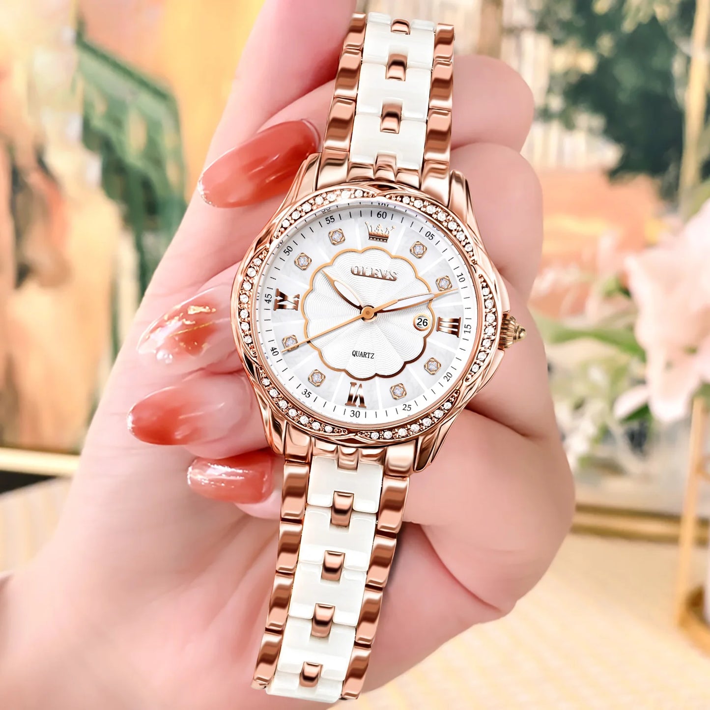 OLEVS Luxury Brand Watch for Women Ceramic Bracelet Waterproof Quartz Fashion Wristwatch Elegant Ladies Dress Gifts Reloj Mujer