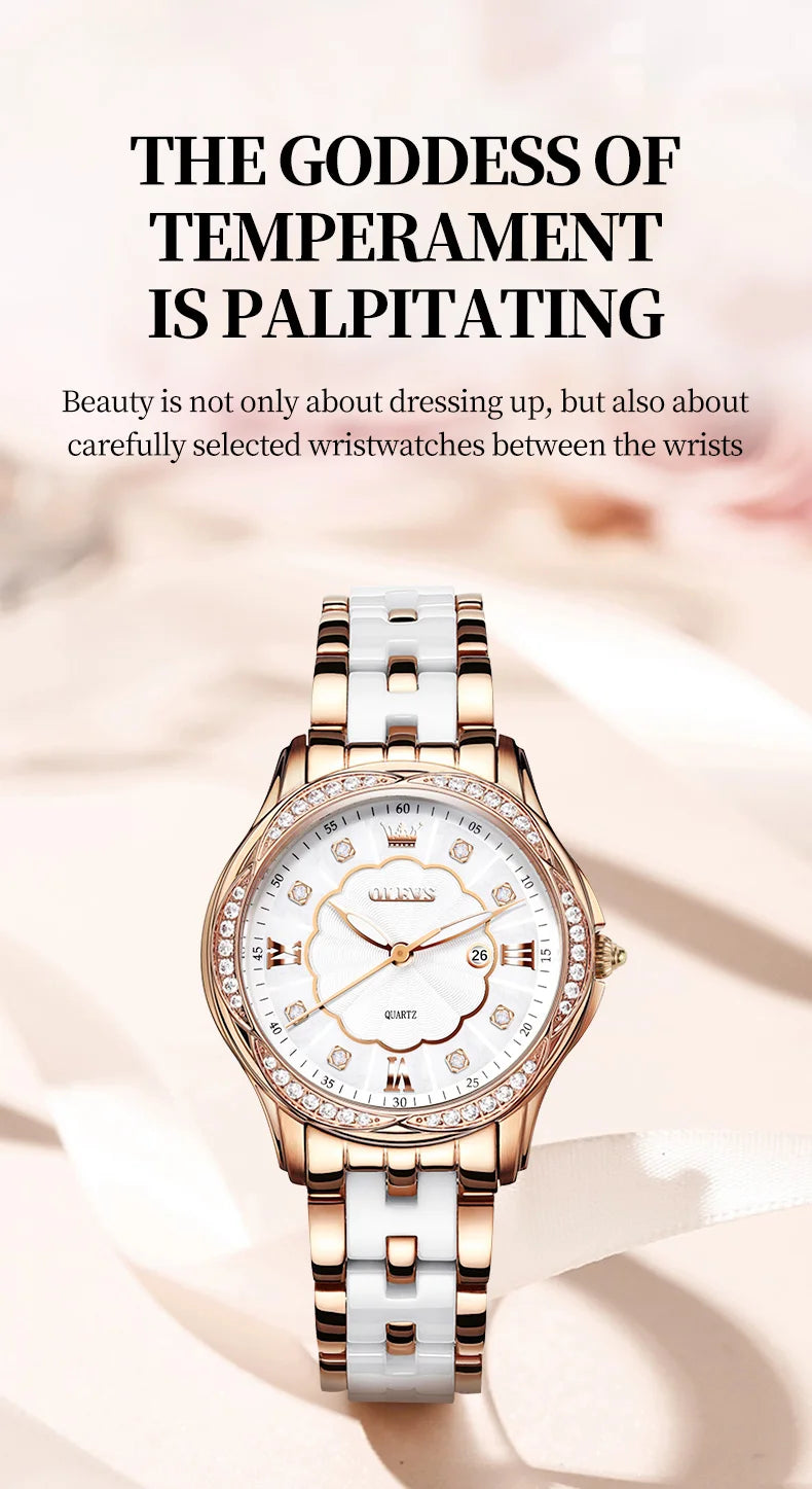 OLEVS Luxury Brand Watch for Women Ceramic Bracelet Waterproof Quartz Fashion Wristwatch Elegant Ladies Dress Gifts Reloj Mujer