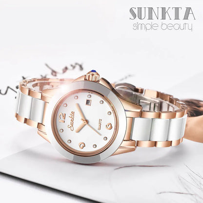 SUNKTA Fashion Women Watches Rose Gold Ladies Bracelet Watches Reloj Mujer 2023 New Creative Waterproof Quartz Watches For Women